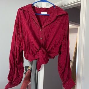 Tie Front Topshop Long Sleeve Red Shirt